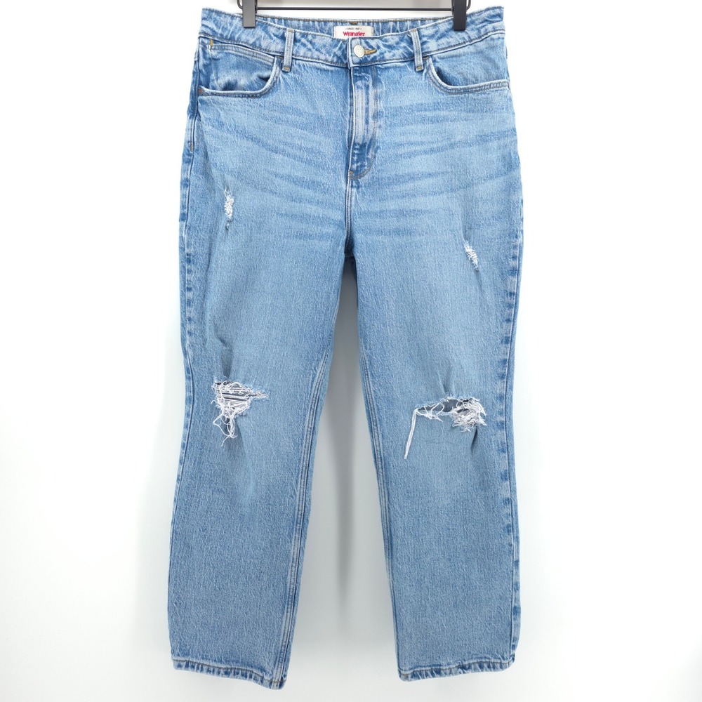 Wrangler Women Jeans Rodeo Straight Crop 14/32 Blue High Rise Distressed Western